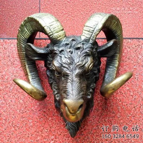 仿古羊頭雕塑廠家 戶外賓館小品 玄關彩繪羊頭雕塑