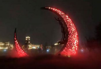 公園月亮雕塑效果圖，噴砂發(fā)光雕塑，鍛造工藝制作