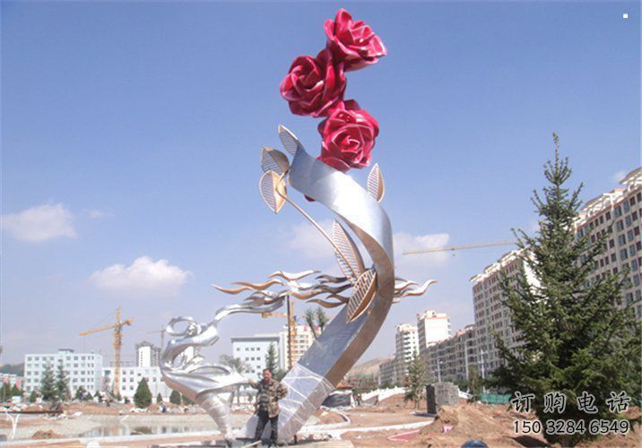 烤漆月季雕塑承接，美陳雕塑，月季花朵雕塑廠家