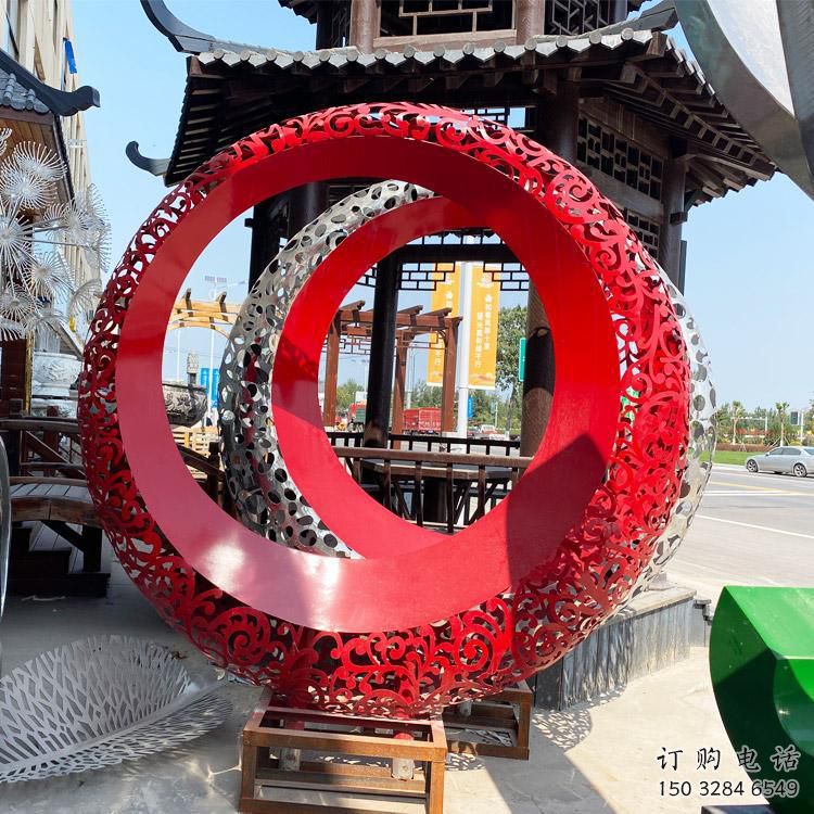 雙環(huán)雕塑生產(chǎn)，鏤空烤漆工藝，不銹鋼雙環(huán)雕塑制作