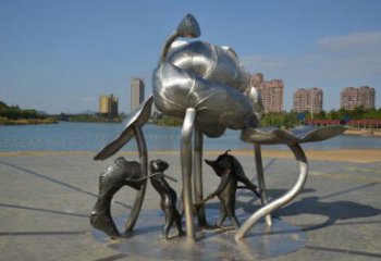 城關(guān)蓮蓬嬉戲雕塑，城市植物景觀雕塑，不銹鋼鏡面效果